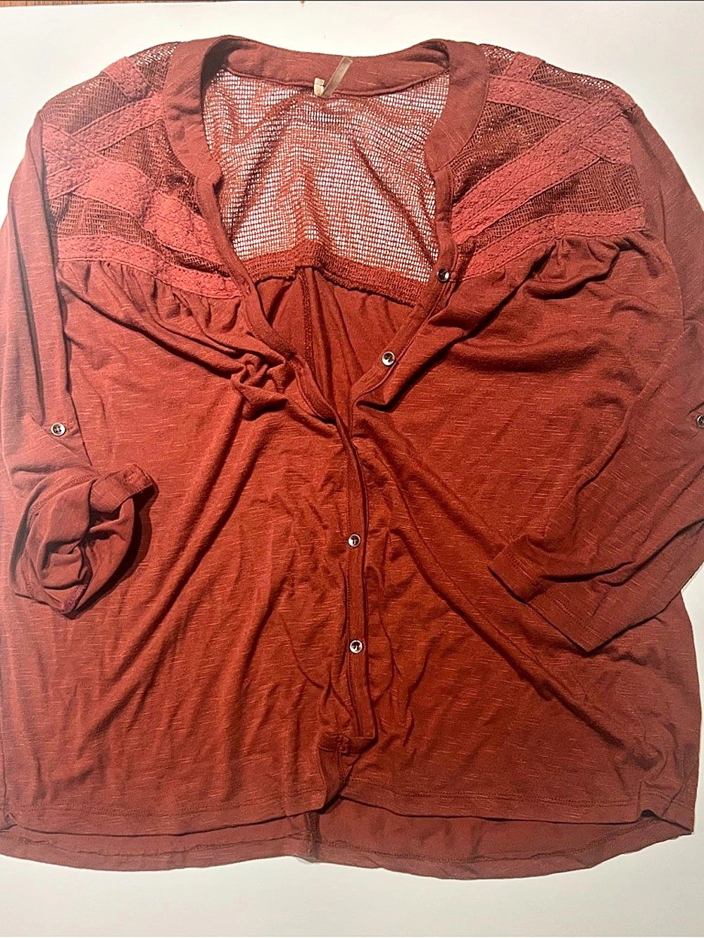 Rust color Lace Mesh Button-Front Blouse